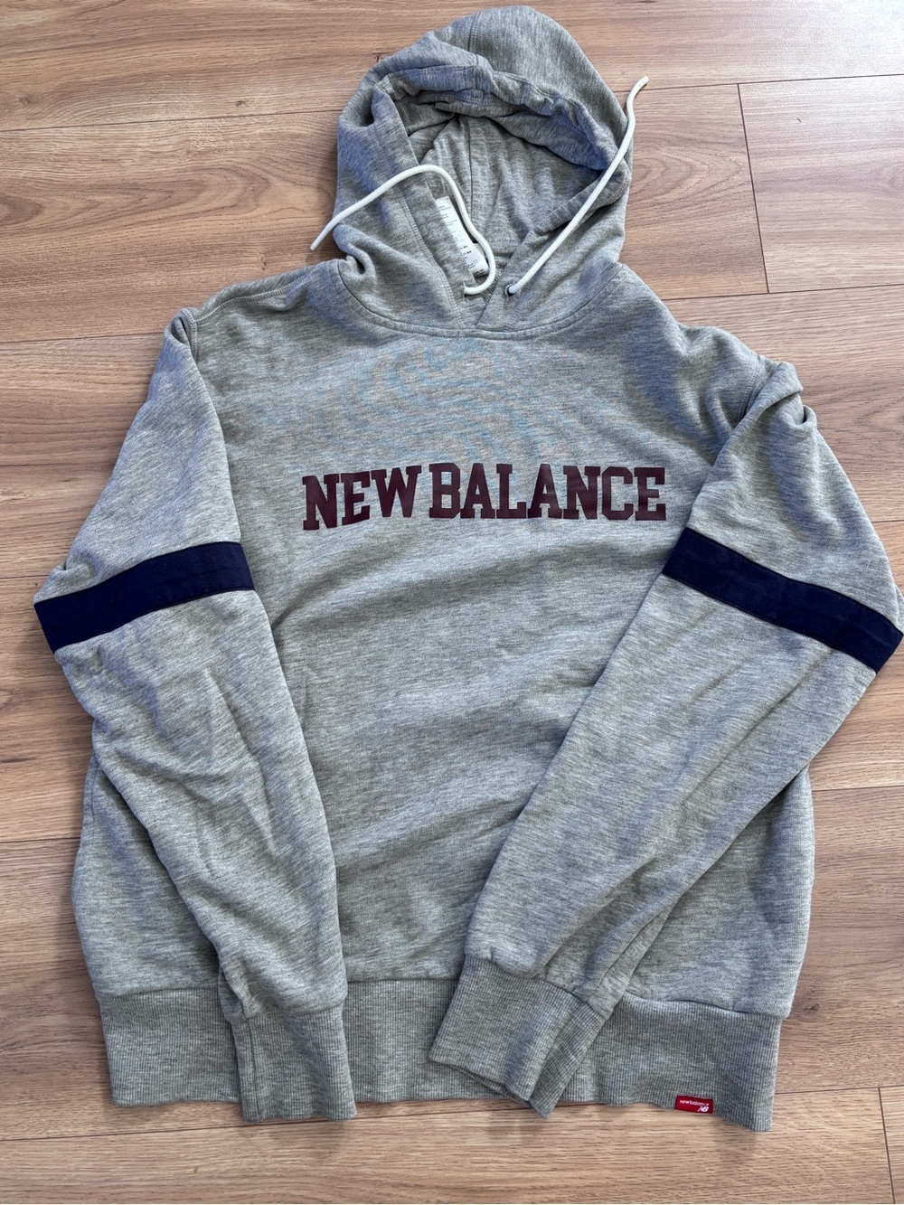 New Balance Grey Hoodie with Navy Sleeve Stripes and Maroon Logo